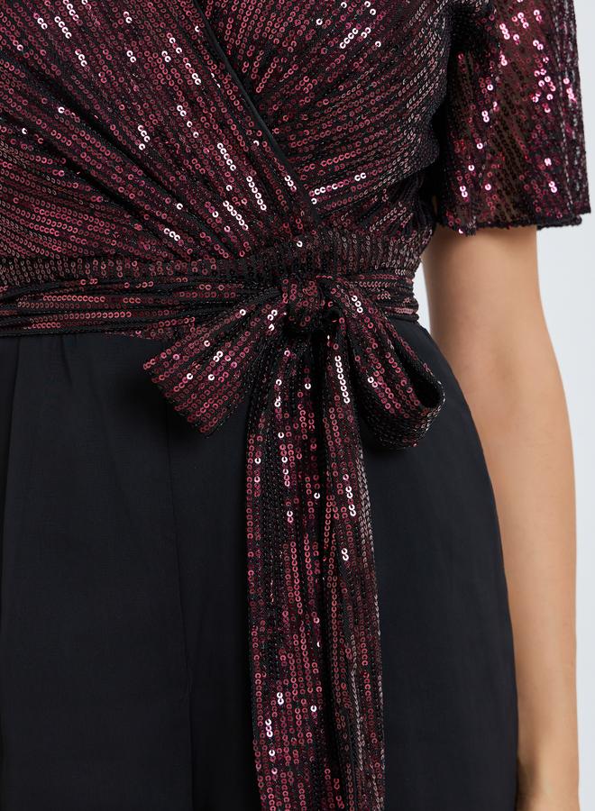 Styli Women Burgundy Sequin Wrap Front Jumpsuit - Image 2